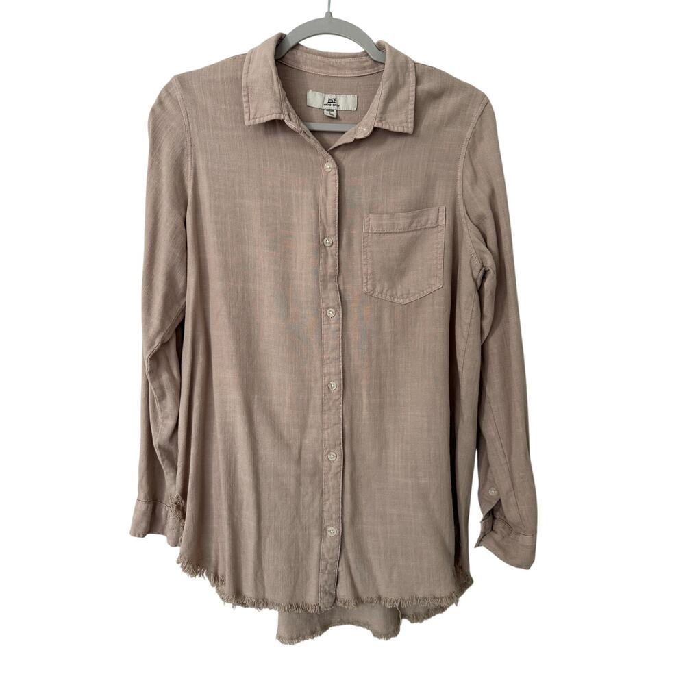 Thread & Supply Linen Blend Button Down Long Sleeve Frayed Hem Shirt Size Medium